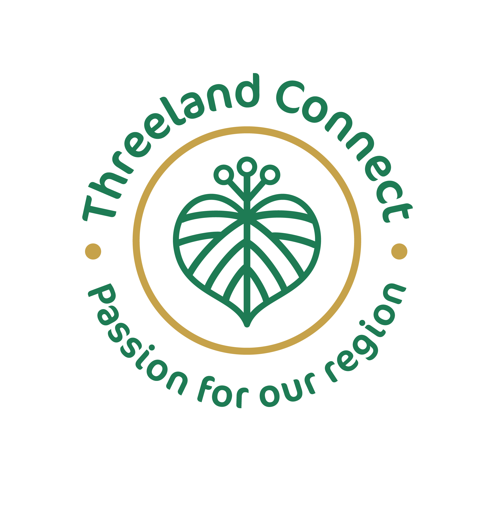 Rundes Threeland-Connect-Logo mit stilisiertem Herz- und Landschaftssymbol sowie dem Schriftzug „Passion for our region“.
